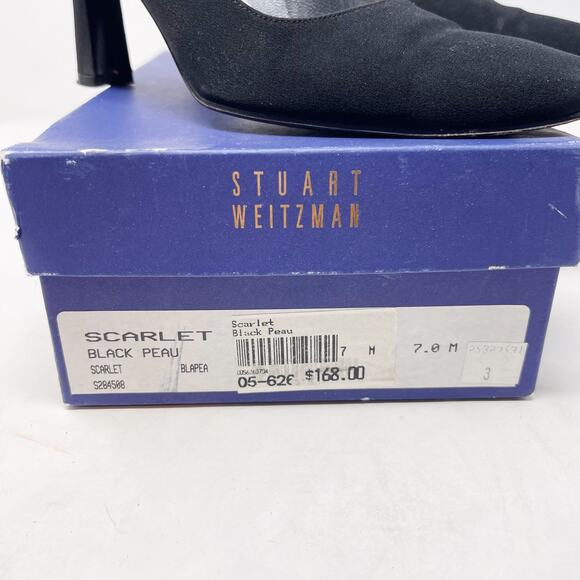 Stuart Weitzman 7 Black Scarlet Peau Du Soie Fabric Square Toe Pump Heel Vtg 90s - Picture 3 of 14